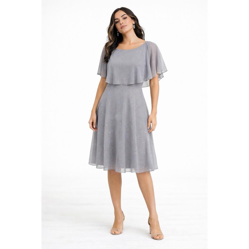 J. Taylor Silver Gray Shimmer Sparkling Fit & Flare Cape Dress Sz 10‎ Easter MOB